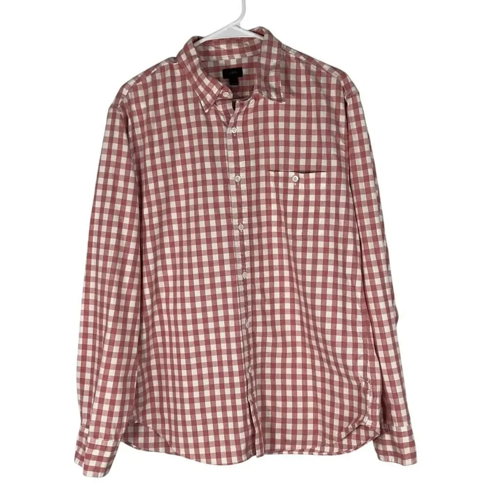J.Crew Button Down Shirt Men's Large Pink White Plaid Long Sleeve Chest Pocket